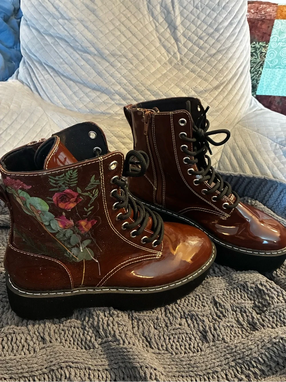 DIY Whimsical Cottage Core Glitter Floral Brown Wedge Combat Boots Unique - Picture 8 of 15